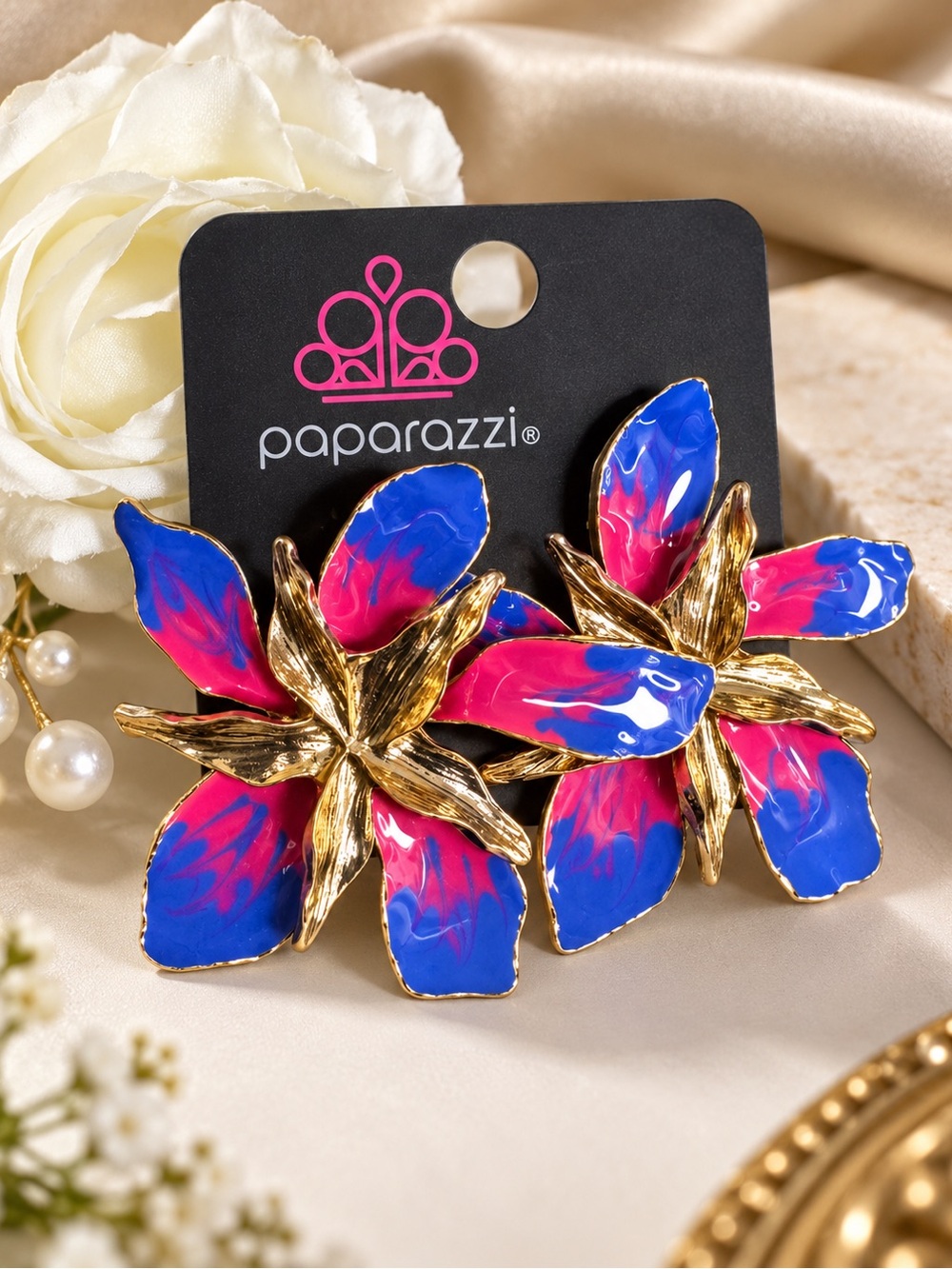 paparazzi Blue and Pink Floral Petal Earrings with Gold-Tone Detail